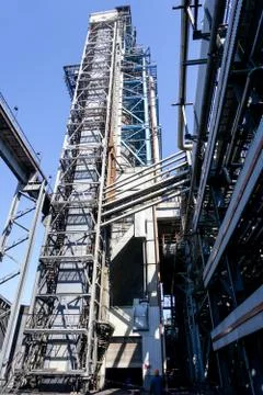 Mine industrial elevator at the process reactor at a refinery in Russia. Stock Photos