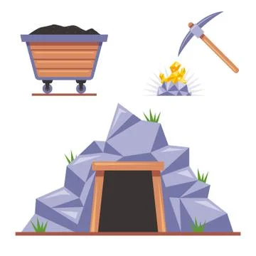 Mine in the rock for mining. pickaxe hits the stone. wooden trolley with coal. Stock Illustration