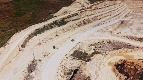Mine site located on a hillside with terraced levels and roads Stock Footage 341327766