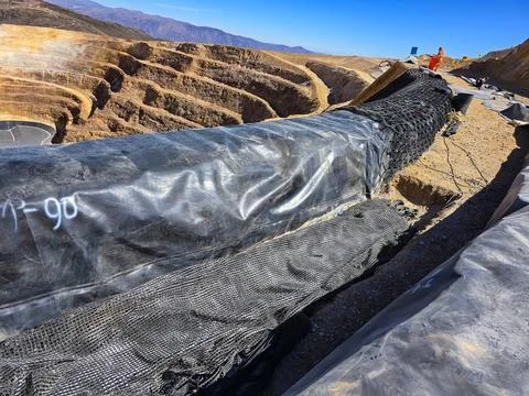 Mine slope stabilization process with geosynthetics and shotcrete Stock Photos
