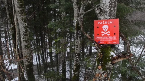 A minefield warn in forest. Red minefield sign. Stop, dangerous, landmine. Video stock 85964374