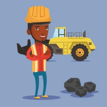 Miner with a big excavator on background Stock Illustration