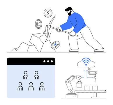 Miner extracting cryptocurrency with pickaxe, user management dashboard, robo Stock Illustration