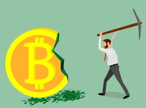 The miner with the help of a pickax extracts dollars from bitcoin. Stock Illustration