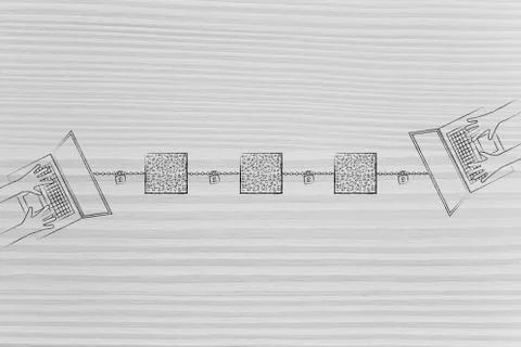 Miner laptops working on a blockchain made of cubes of binary data with chain Stock Illustration