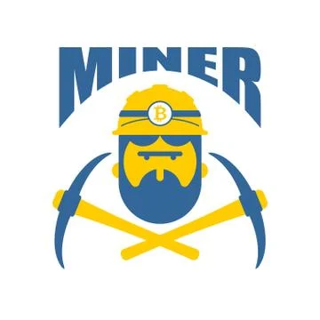 Miner logo. Mener logo Bitcoin Crypto Currencies. Worker with pickaxe. Vector Stock Illustration