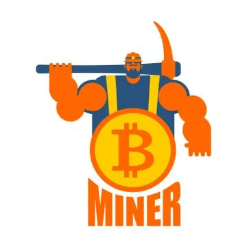 Miner logo. Mining Bitcoin Crypto Currencies. Worker with pickaxe. Vector ill Stock Illustration