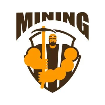 Miner logo. Mining Bitcoin Crypto Currencies. Worker with pickaxe. Vector ill Stock Illustration