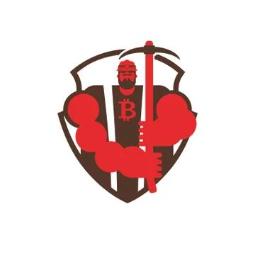Miner logo. Mining Bitcoin Crypto Currencies. Worker with pickaxe. Vector ill イラスト素材