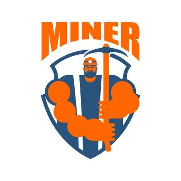 Miner logo. Mining Bitcoin Crypto Currencies. Worker with pickaxe. Vector ill Stock Illustration