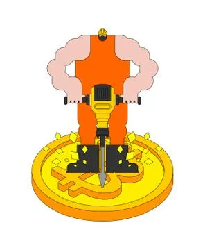 Miner mining bitcoin. Worker and jackhammer. vector illustration 스톡 일러스트