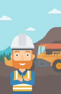 Miner with mining equipment on background. Illustrazione stock