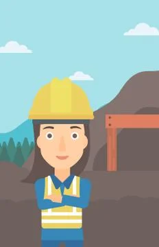 Miner with mining equipment on background. Illustrazione stock