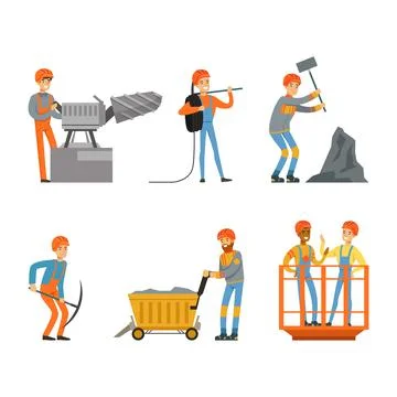 Miner or Pitman in Hard Hat and Uniform Transporting Coal and Working with Illustrazione stock