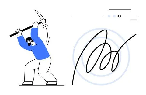 Miner with a Pickaxe Swinging Towards a Scribble Symbolizing Work and Creat.. 스톡 일러스트