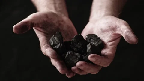 A miner shows the pieces and nuggets of coal in his hands. Stock Footage 200770951