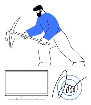 Miner Swinging Pickaxe Near Computer Monitor and Abstract Spiral Line Concept Stock Illustration
