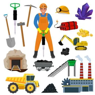Miner vector mine worker builder character in helmet mining coal minerals in Stock Illustration