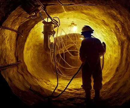 Miner working in a mine with gold ore Stock Illustration