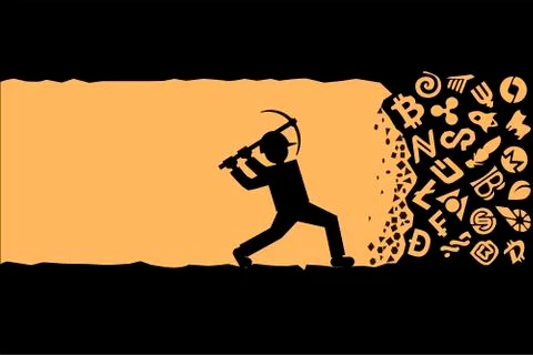 Miner working with pickaxe. Cryptocurrency mining concept. Stock Illustration