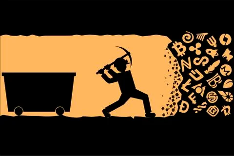 Miner working with pickaxe. Cryptocurrency mining concept Stock Illustration