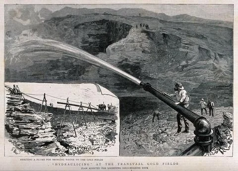 Mineral extraction: using water to expose gold-bearing rock at the Transvaa.. Stock Illustration