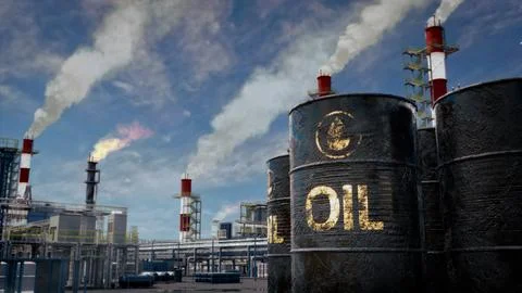 Mineral oil barrels on processing or storage plant background, fictional Stock Illustration