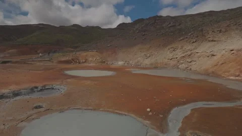 Mineral Pools and Runoff Channels Cross Krisuvik Geothermal Ground Stock Footage 346652603