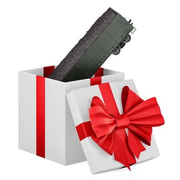 Mineral wagon full of coal inside gift box, present concept. 3D rendering Stock Illustration