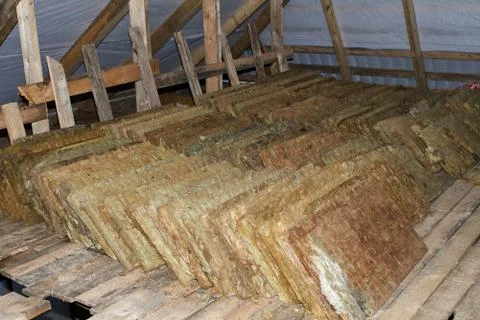 Mineral wool stack on construction site - thermal insulation of a house Stock Photos