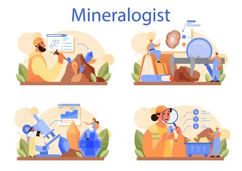 Mineralogist concept set. Professional scientist studying natural stone Stock Illustration