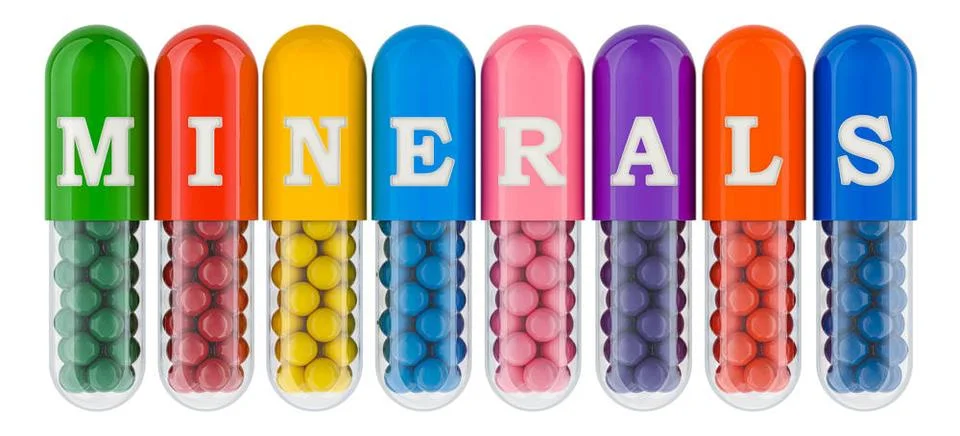 Minerals, microelements and elements in capsules, 3D rendering Minerals, m... 스톡 사진