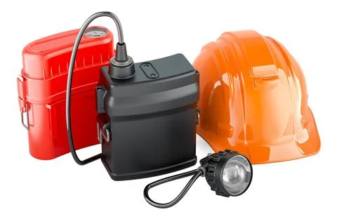 Miners cap lamp with hard hat and self-contained self-rescue device, 3D ren.. Illustrazione stock