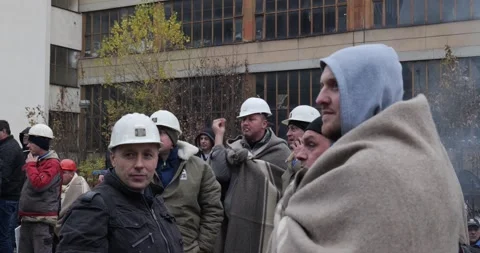 Miners protesting on the street during winte Stock Footage 170013328
