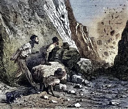 Miners using dynamite for blasting. Wood engraving, Paris, 1879, Historic Stock Illustration