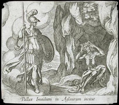 Minerva at Envy's Cave. Wilhelm Janson (Holland, Amsterdam)Antonio Tempesta.. Stock Illustration