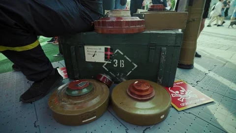 Mines and Explosive Weapons Displayed with Destroyed Armored Vehicles in Kyiv 스톡 동영상 336280281