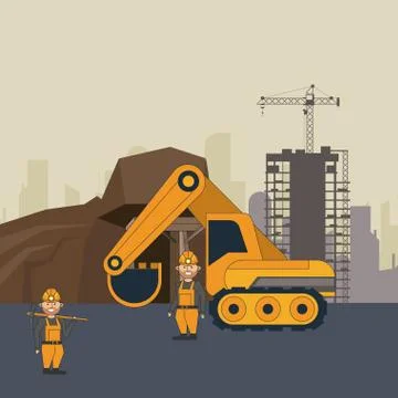 Ming cave with workers and backhoe Stock Illustration
