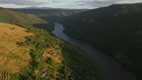 Minho River With Castro de Marce Hiking Trails. Aerial Drone Shot Stock Footage 282378585