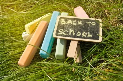 Mini blackboard written Back to school and colorful chalk on a green grass ba Stock Photos