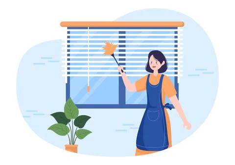 Mini Blinds Service Window and Curtains Treatment using Various Cleaning Tool Stock Illustration