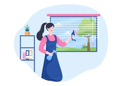 Mini Blinds Service Window and Curtains Treatment using Various Cleaning Tool Stock Illustration