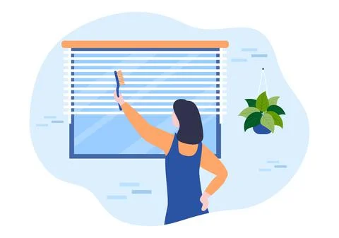 Mini Blinds Service Window and Curtains Treatment using Various Cleaning Tool Stock Illustration