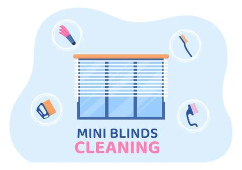Mini Blinds Service Window and Curtains Treatment using Various Cleaning Tool Stock Illustration