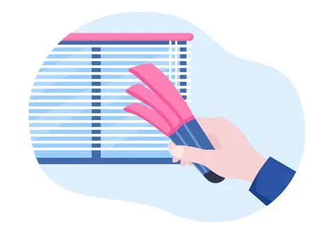 Mini Blinds Service Window and Curtains Treatment using Various Cleaning Tool Stock Illustration