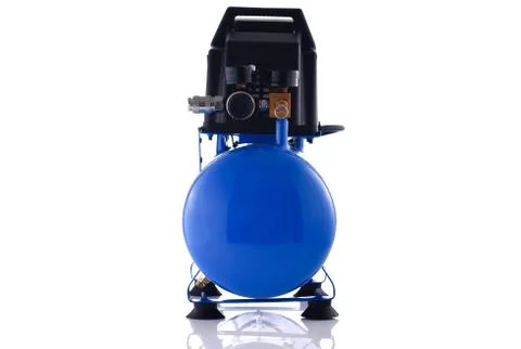 Mini blue compressor front view isolated on white background Stock Photos
