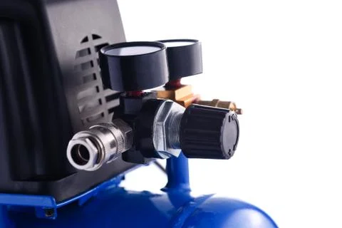 Mini blue compressor pressure gage details isolated on white background Stock Photos