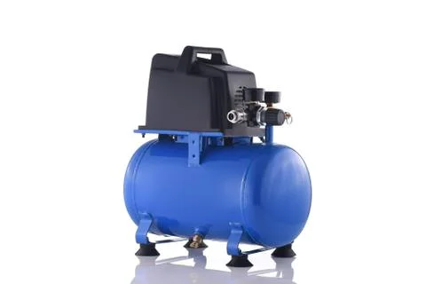 Mini blue compressor side view isolated on white background Stock Photos