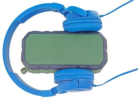 Mini bluetooth loudspeaker and wireless headphones Stock Photos