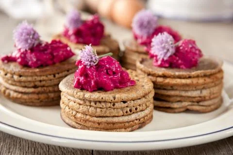 Mini buckwheat pancakes Stock Photos